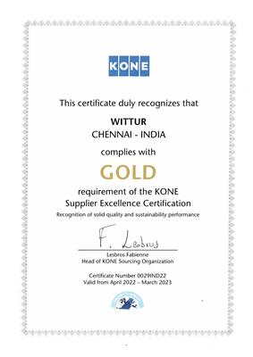 Wittur India Gold Certificate from Kone